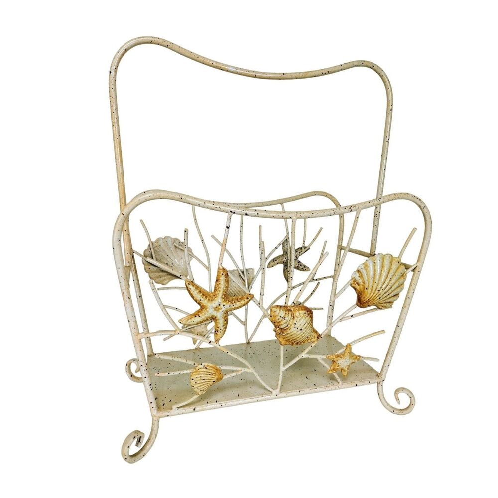 VTG 70s MCM Beach Nautical Seashell Speckled Metal Magazine Record Album Rack